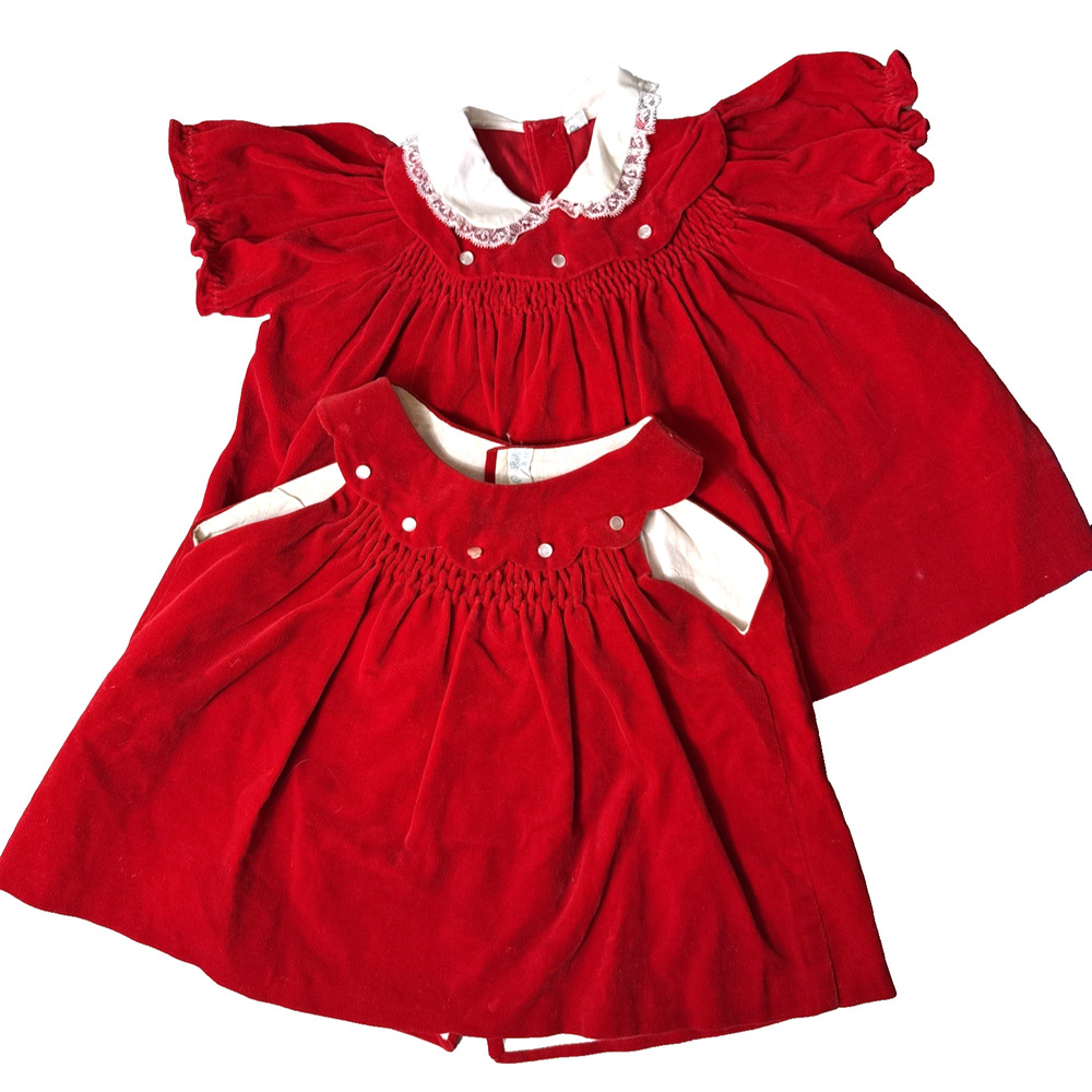 Vintage Baby Dress Red Velvet Christmas Size 12 Months Holiday Smocked 1980s EUC